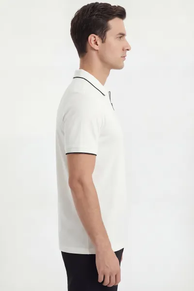 Ekru Polo Yaka Yarım Fermuarlı Erkek Tişört 435381