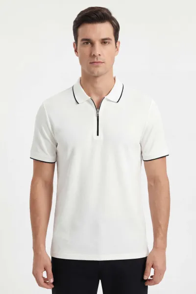 Ekru Polo Yaka Yarım Fermuarlı Erkek Tişört 435381