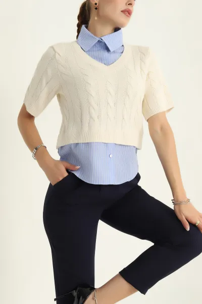 Ekru Poplin Garnilli Triko Bluz 298044
