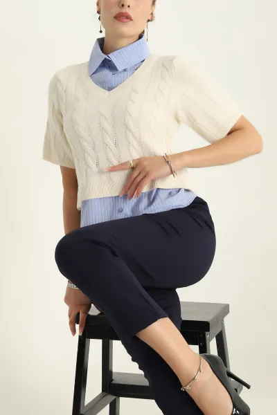 Ekru Poplin Garnilli Triko Bluz 298044