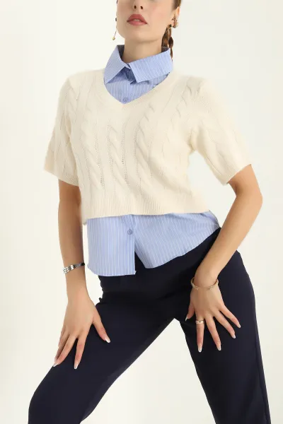Ekru Poplin Garnilli Triko Bluz 298044