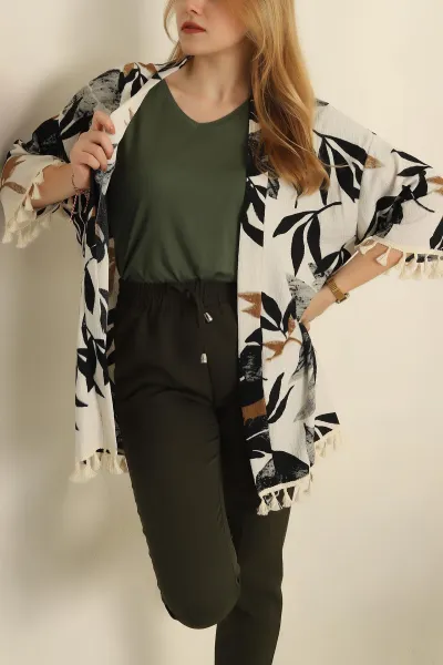 Ekru Püsküllü Okyanus kumaş Kimono 251981