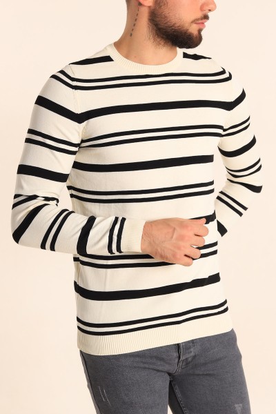 Ekru Regular Fit Çizgili Triko Kazak 213861