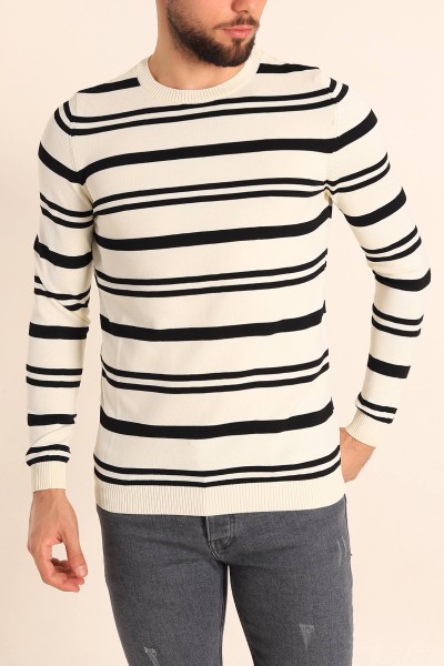 Ekru Regular Fit Çizgili Triko Kazak 213861