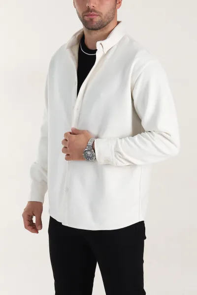 Ekru Regular Fit Süet Ata Yaka Erkek Gömlek 400042