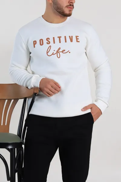 Ekru Regular Fit Üç İp Şardonlu Yazı Detay Erkek Sweatshirt 308904