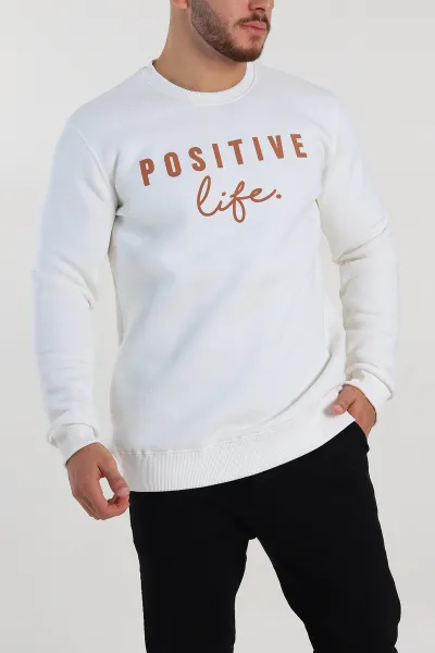 Ekru Regular Fit Üç İp Şardonlu Yazı Detay Erkek Sweatshirt 308904