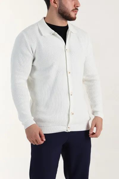 Ekru Relaxed Fit Bambu Erkek Triko Hırka 400161