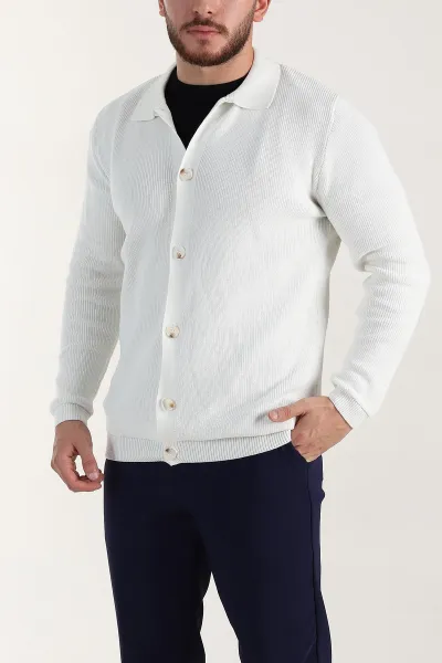 Ekru Relaxed Fit Bambu Erkek Triko Hırka 400161
