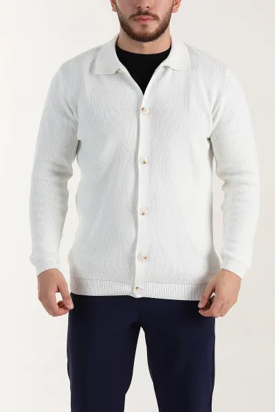 Ekru Relaxed Fit Bambu Erkek Triko Hırka 400161