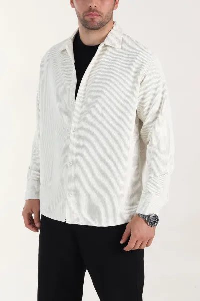 Ekru Relaxed Fit Fitilli Kadife Erkek Gömlek 399752
