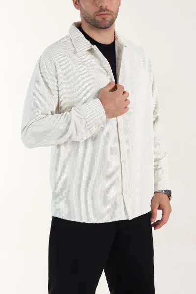 Ekru Relaxed Fit Fitilli Kadife Erkek Gömlek 399752