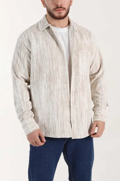 Ekru Relaxed Fit Fitilli Kadife Erkek Gömlek 399967