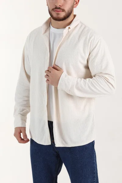 Ekru Relaxed Fit Fitilli Kadife Erkek Gömlek 400096