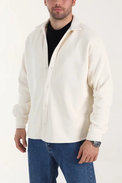 Ekru Relaxed Fit İçi Polarlı Erkek Kadife Gömlek 400013
