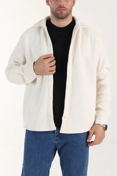 Ekru Relaxed Fit İçi Polarlı Erkek Kadife Gömlek 400013
