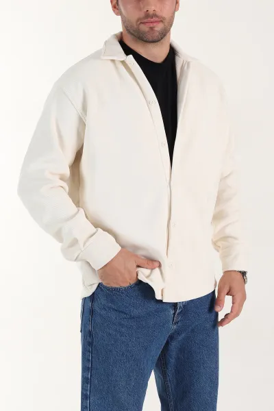 Ekru Relaxed Fit İçi Polarlı Erkek Kadife Gömlek 400013