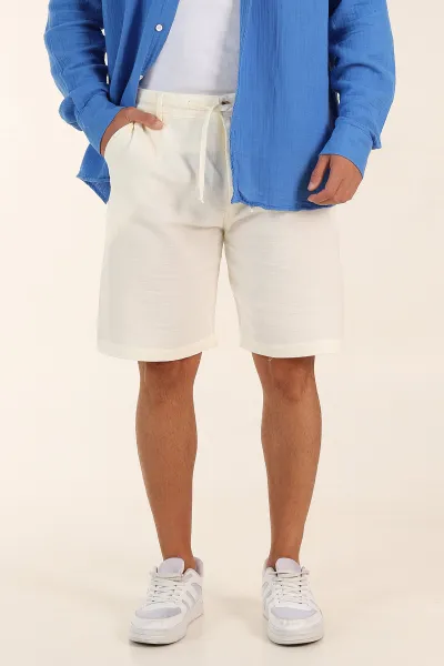 Ekru Relaxed Fit Müslin Keten Bel Arkası Lastikli Erkek Şort 386179