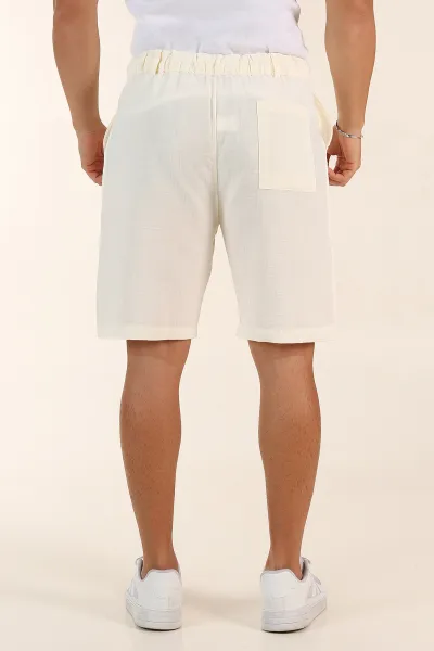 Ekru Relaxed Fit Müslin Keten Bel Arkası Lastikli Erkek Şort 386179