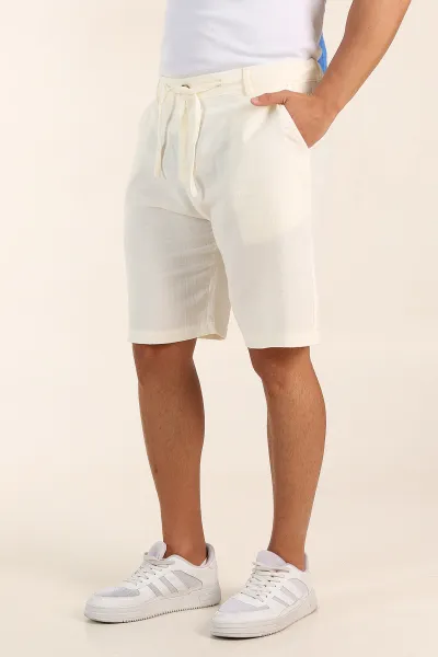 Ekru Relaxed Fit Müslin Keten Bel Arkası Lastikli Erkek Şort 386179
