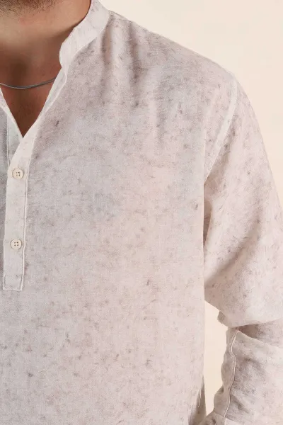 Ekru Relaxed Fit Yarım Düğmeli Hakim Yaka Uzun Kollu Erkek Gömlek 369367
