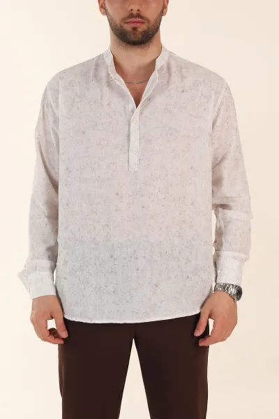 Ekru Relaxed Fit Yarım Düğmeli Hakim Yaka Uzun Kollu Erkek Gömlek 369367