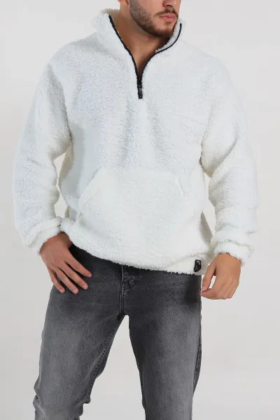 Ekru Relaxed Fit Yarım Fermuarlı Cep Detaylı Peluş Kanguru Sweatshirt 308907