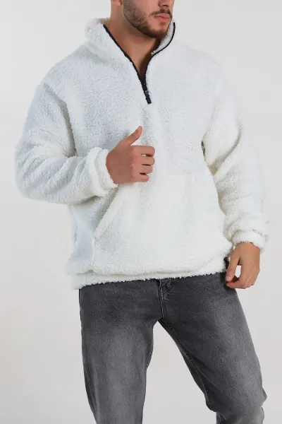 Ekru Relaxed Fit Yarım Fermuarlı Cep Detaylı Peluş Kanguru Sweatshirt 308907