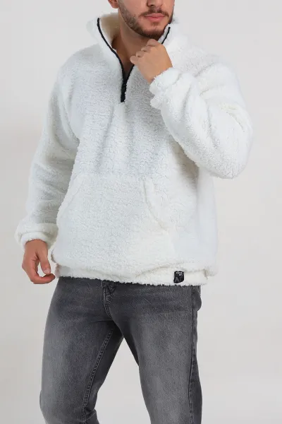 Ekru Relaxed Fit Yarım Fermuarlı Cep Detaylı Peluş Kanguru Sweatshirt 308907