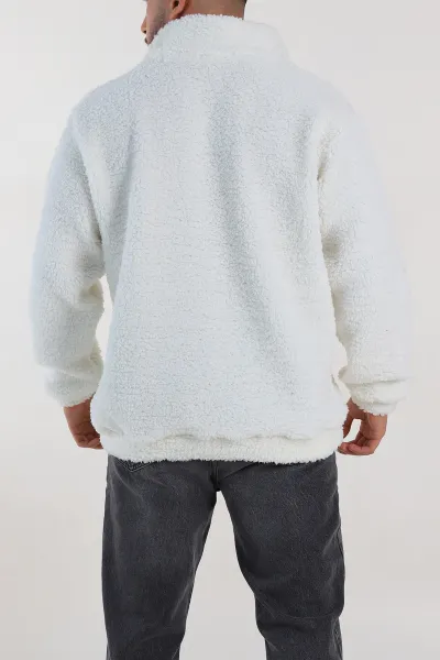 Ekru Relaxed Fit Yarım Fermuarlı Cep Detaylı Peluş Kanguru Sweatshirt 308907