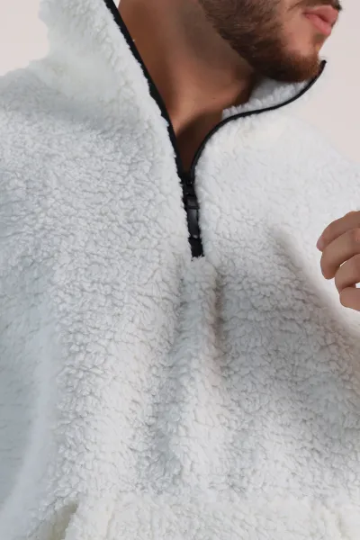 Ekru Relaxed Fit Yarım Fermuarlı Cep Detaylı Peluş Kanguru Sweatshirt 308907