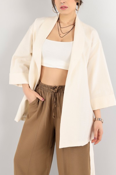 Ekru Şal Yaka Keten Kimono Ceket 104618
