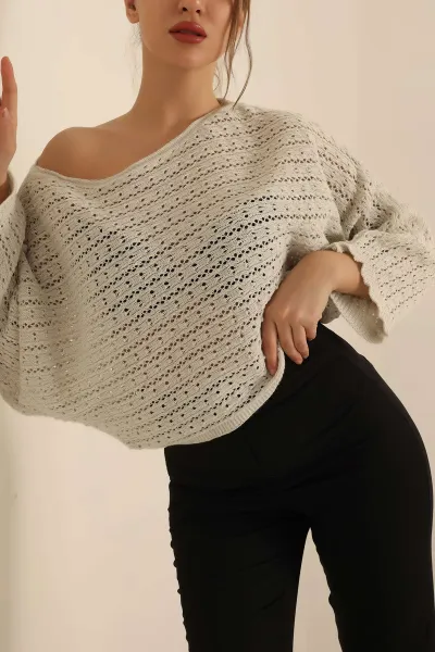 Ekru Simli Bayan Triko Bluz 241497