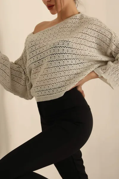 Ekru Simli Bayan Triko Bluz 241497
