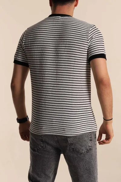 Ekru Siyah Çizgili Regular Fit Nakış Yazı Detaylı Erkek Triko Tişört 268455