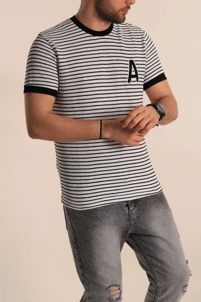 Ekru Siyah Çizgili Regular Fit Nakış Yazı Detaylı Erkek Triko Tişört 268455