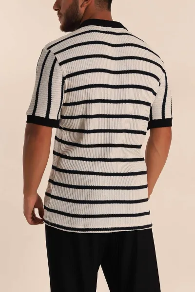 Ekru Siyah Çizgili Regular Fit Polo Yaka Erkek Triko Tişört 262592