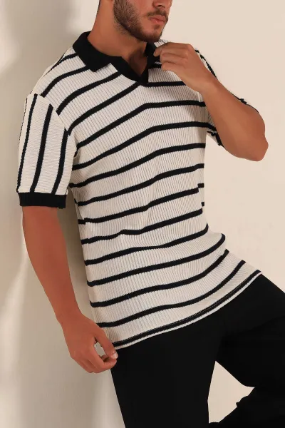 Ekru Siyah Çizgili Regular Fit Polo Yaka Erkek Triko Tişört 262592