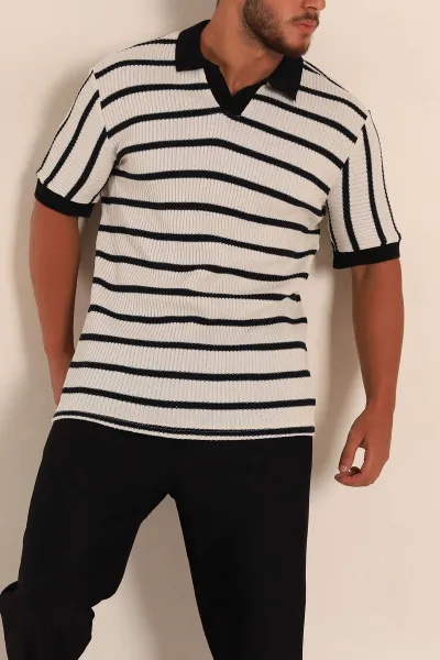 Ekru Siyah Çizgili Regular Fit Polo Yaka Erkek Triko Tişört 262592