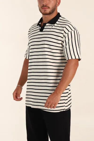 Ekru Siyah Çizgili Relaxed Fit Polo Yaka Erkek Triko Tişört 269190