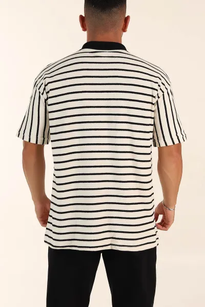 Ekru Siyah Çizgili Relaxed Fit Polo Yaka Erkek Triko Tişört 269190
