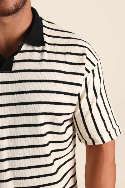 Ekru Siyah Çizgili Relaxed Fit Polo Yaka Erkek Triko Tişört 269190