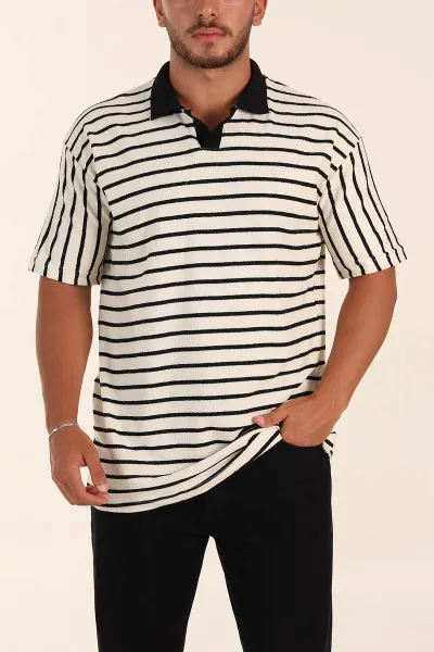 Ekru Siyah Çizgili Relaxed Fit Polo Yaka Erkek Triko Tişört 269190