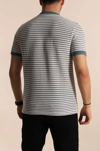 Ekru Su Yeşili Çizgili Regular Fit Nakış Yazı Detaylı Erkek Triko Tişört 268456