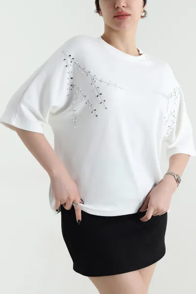 Ekru Taş İşlemeli Modal Kadın Bluz 452748