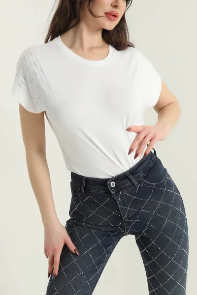 Ekru Taşlı Viskon Kadın Bluz 433793