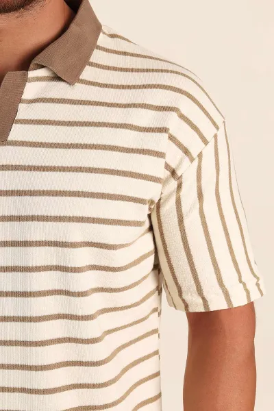Ekru Vizon Çizgili Relaxed Fit Polo Yaka Erkek Triko Tişört 269193