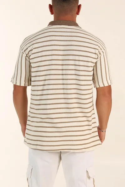 Ekru Vizon Çizgili Relaxed Fit Polo Yaka Erkek Triko Tişört 269193