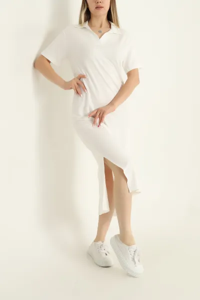 Ekru Yakalı Yırtmaçlı Modal Elbise 289268