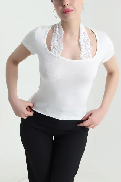 Ekru Yakası Dantelli Buzzy Kadın Bluz 452760